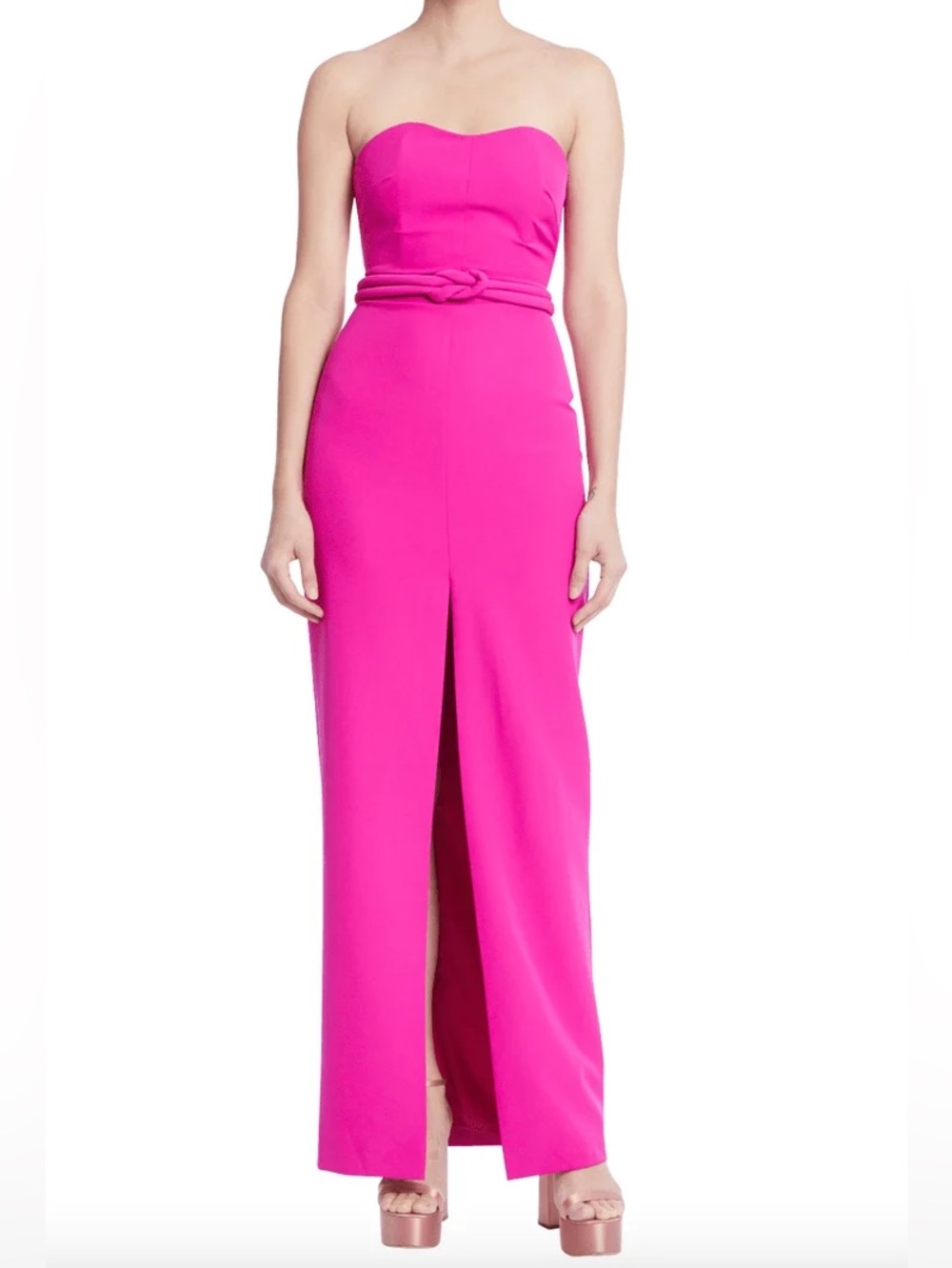 Jewel Badgley Mischka hot pink strapless column gown with a knotted belt detail